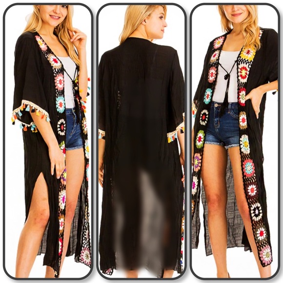 Crochet Floral Black Tie Tassel Embroidered Kimono - Picture 5 of 8